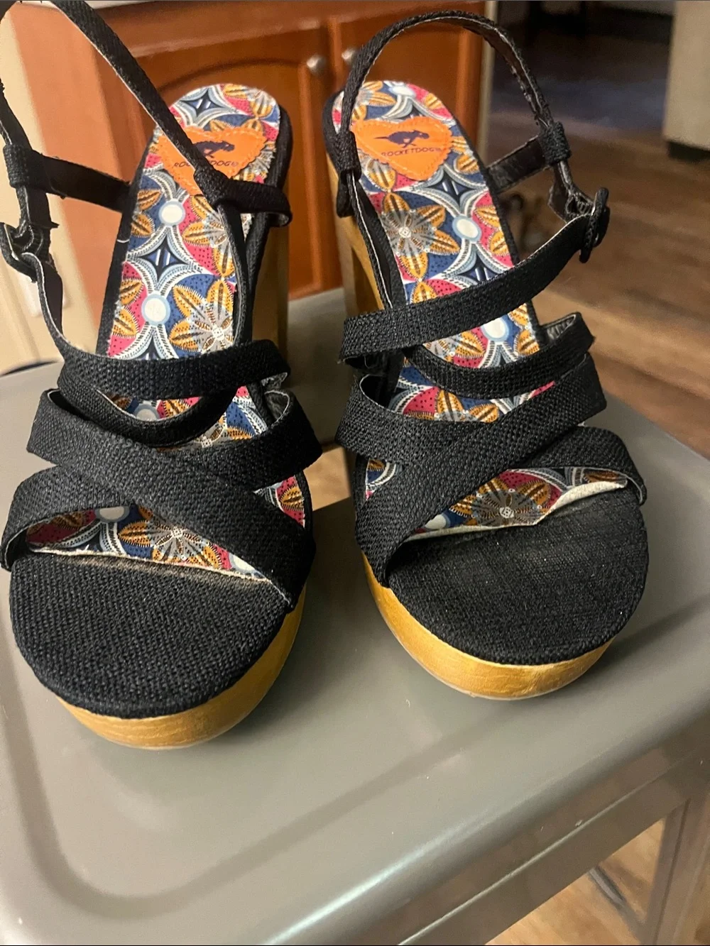 Rocket Dog Black Strappy Platform Sandals with Yellow Wood-Effect Sole